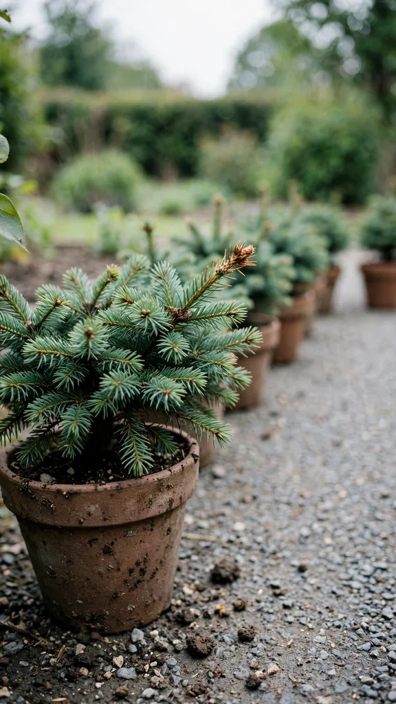 Potted dwarf Alberta spruce lining a drive