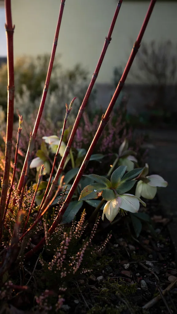 Winter interest border with red dogwood beside a walk