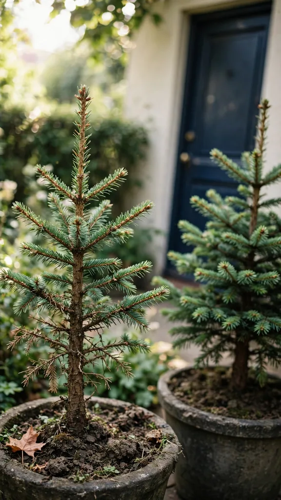 Potted Norway spruce pair flanking a front door