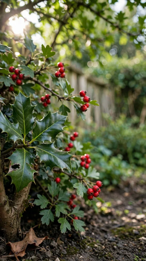 Holly and hawthorn corner with red berries