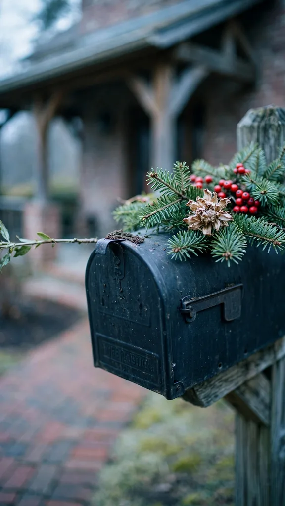 Mailbox post dressed with fir and red berries