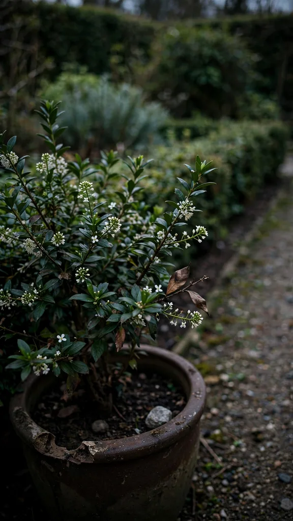 Sarcococca in flower beside a garden path