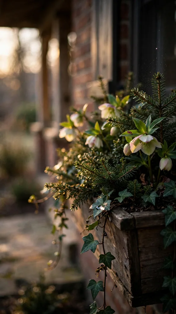 Window box with fir, trailing ivy, and hellebores