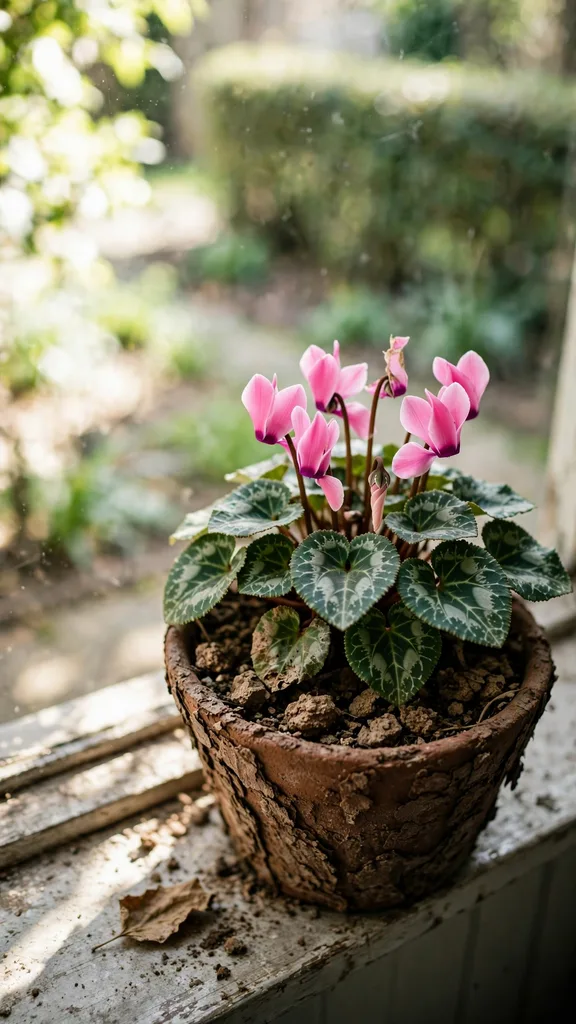Potted cyclamen flowering on a window sill