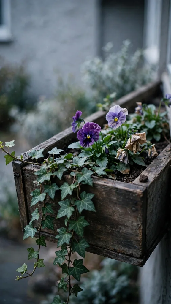 Window box of trailing ivy and winter pansies