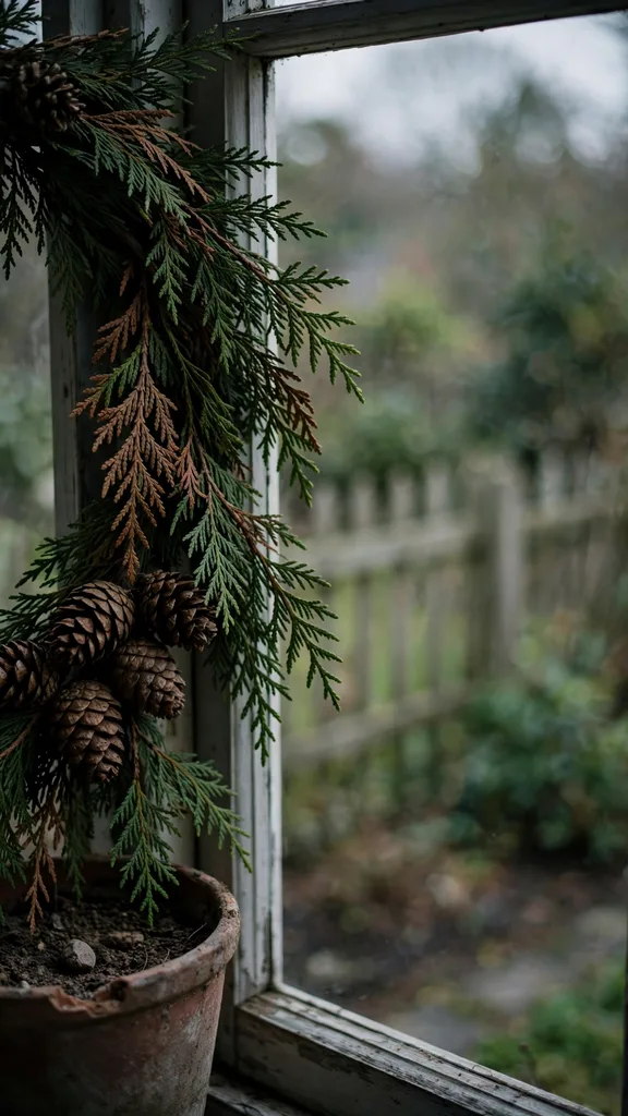 Cedar garland and pinecones framing a window