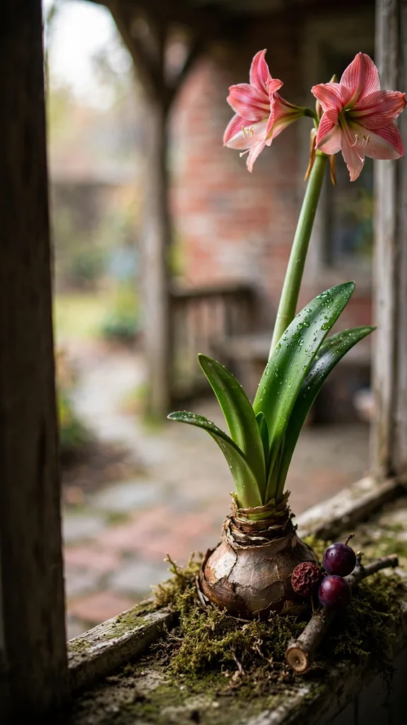 Amaryllis flowering on a window ledge