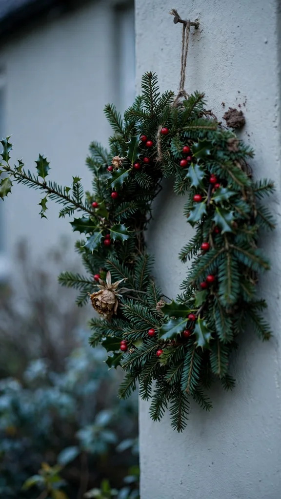 Fir and holly wreath with red berries on a front door