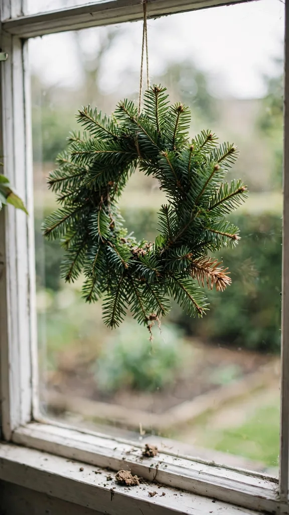 Small fir wreath centered in a front window