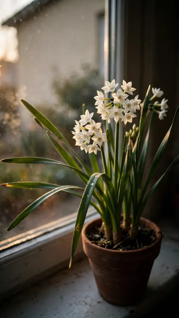 Paperwhite pot flowering on an inside sill