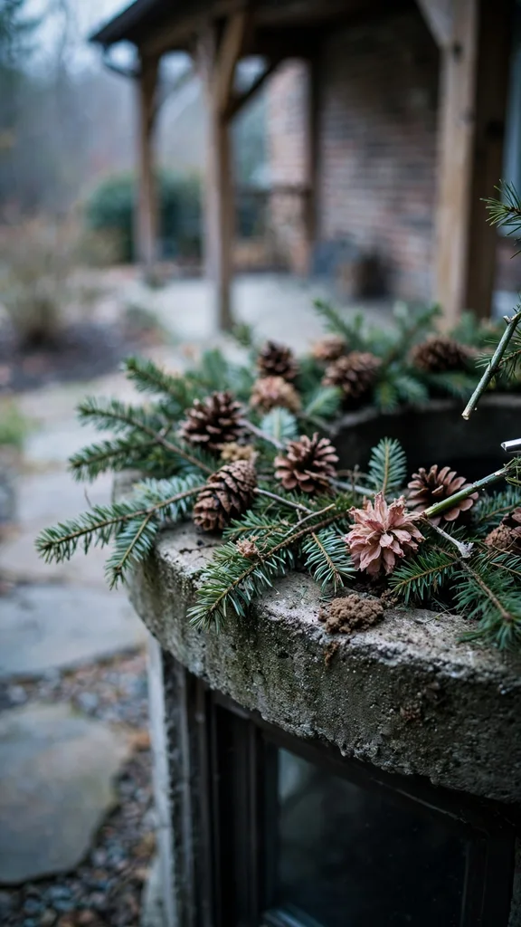 Basement window well dressed with fir boughs