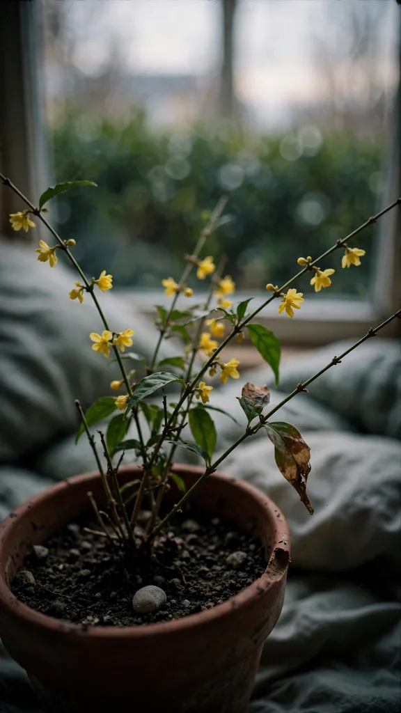 Winter jasmine flowering in a pot beneath a window