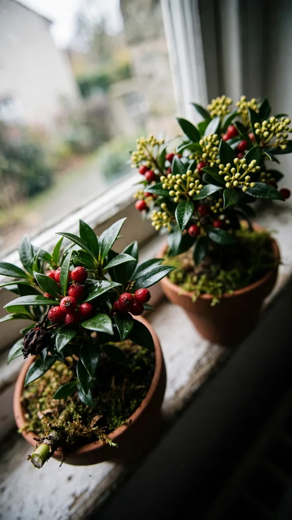 Skimmia pair in pots beside a window