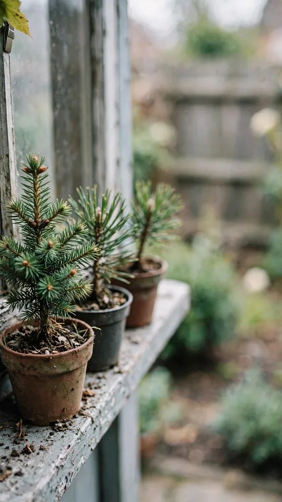 Small potted conifers lining a window ledge