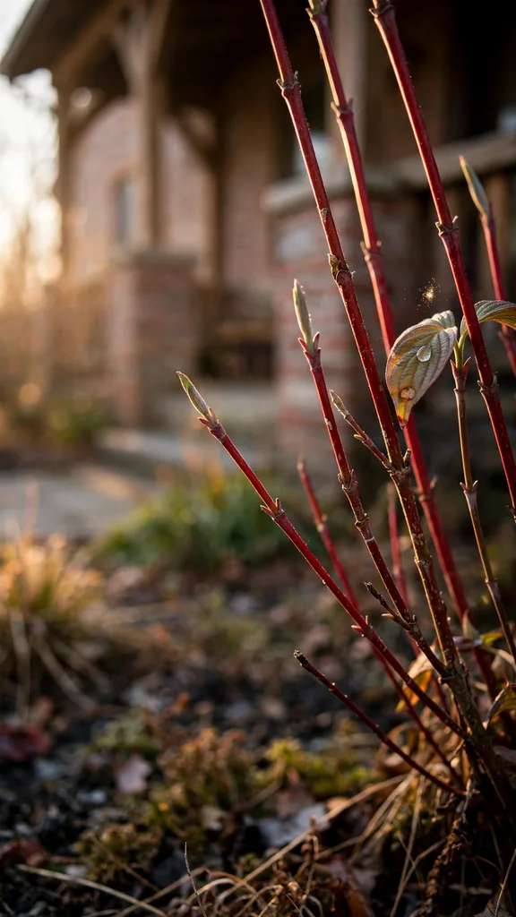 Red twig dogwood screen behind a garden bed