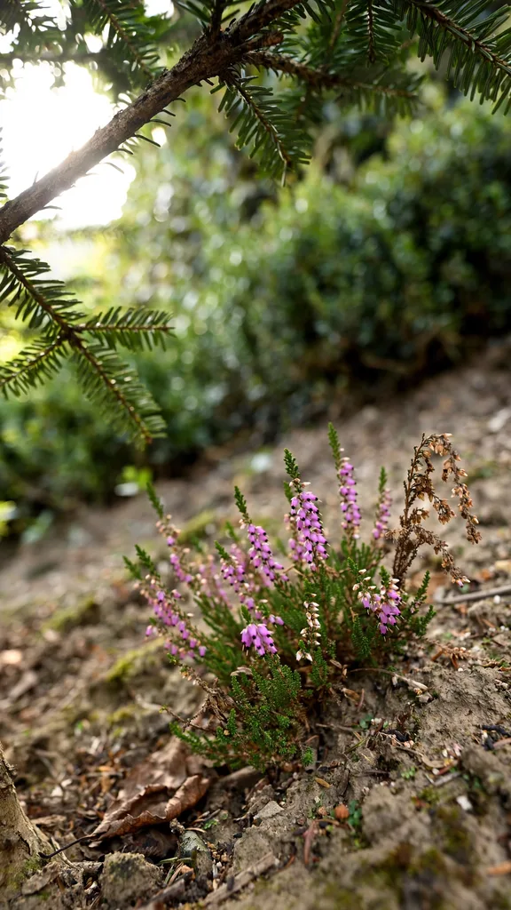 Winter heather flowering beneath fir branches