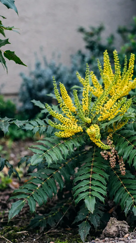 Mahonia shrub flowering in a garden bed