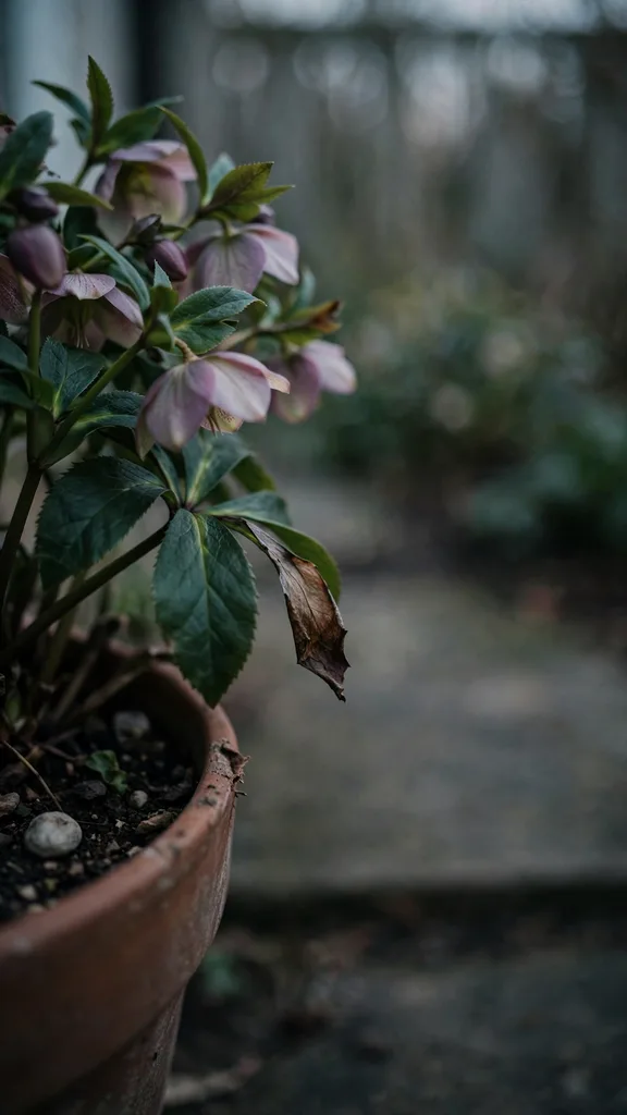 Potted hellebores with nodding flowers lining a doorstep