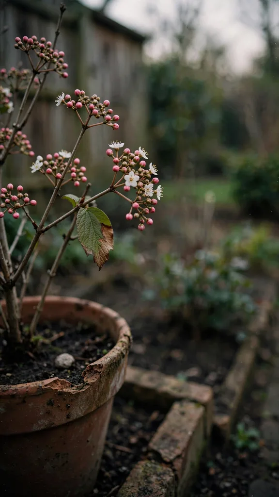 Winter flowering viburnum at a bed corner