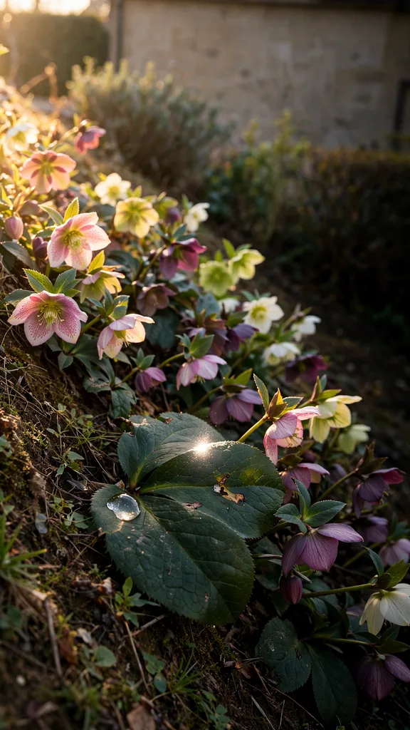 Hellebore bank flowering on a slope