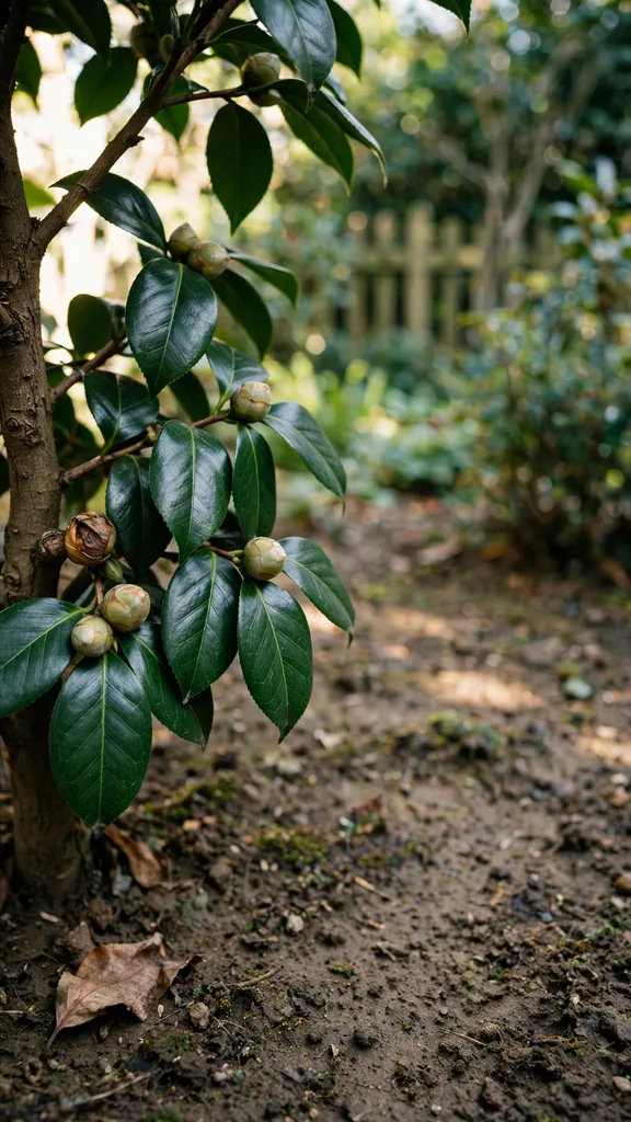 Camellia shrub with buds on glossy foliage