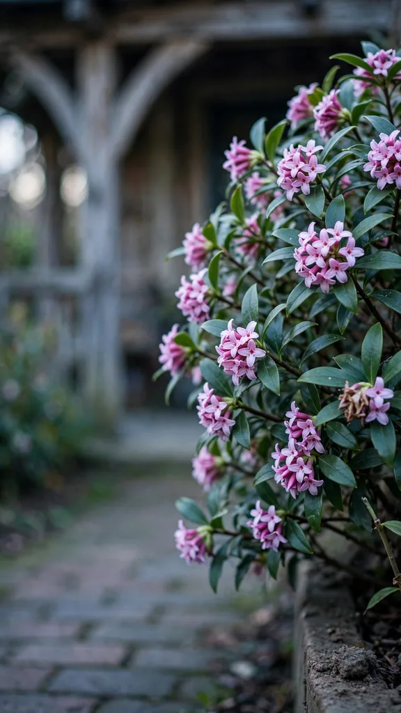 Daphne flowering beside a bed path