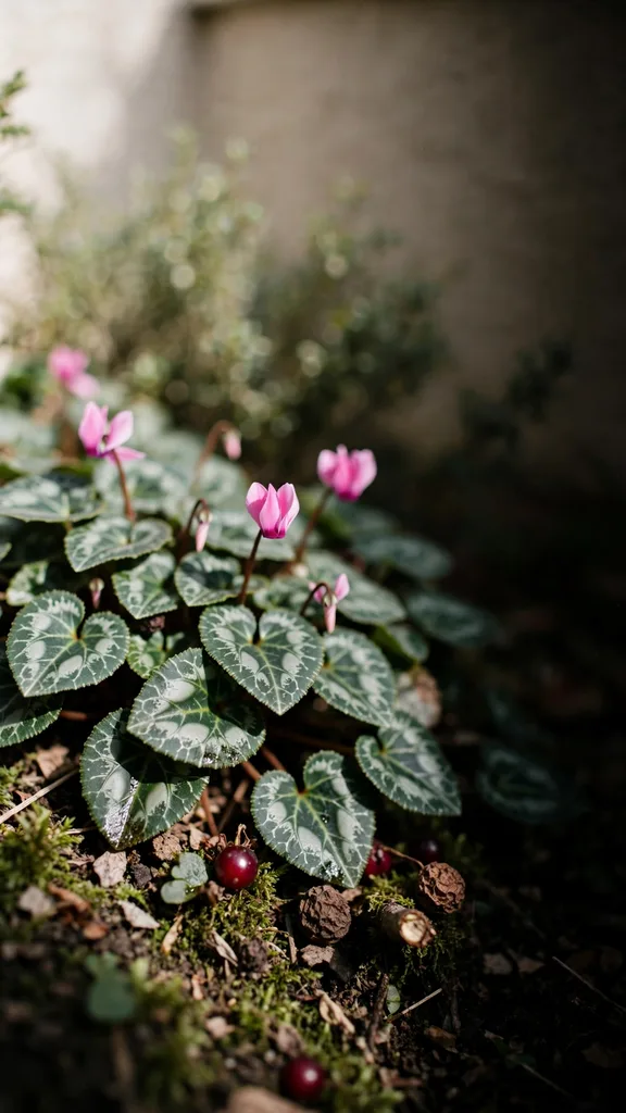 Hardy cyclamen drift flowering under shrubs
