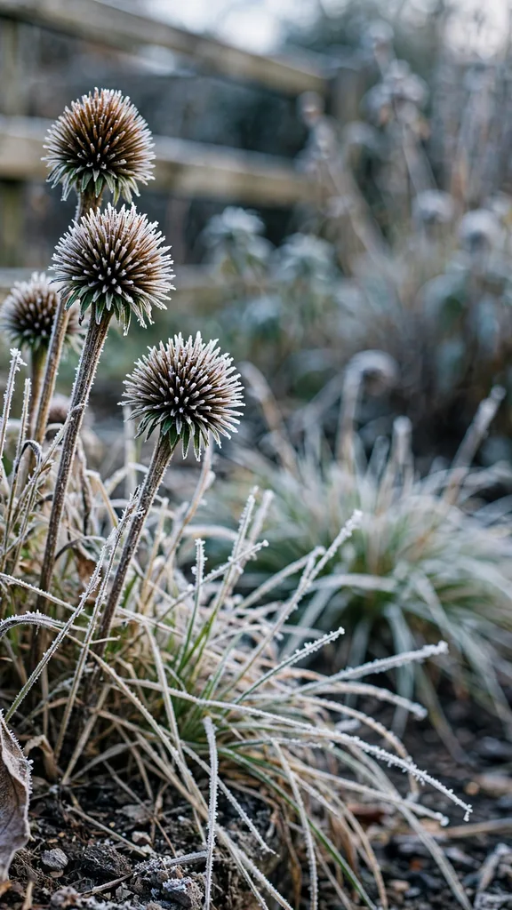 Standing seedheads catching frost in a winter bed
