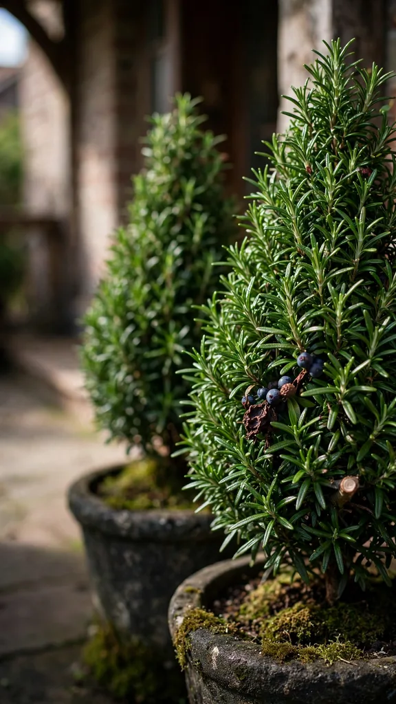 Rosemary topiary pair in pots beside a front door