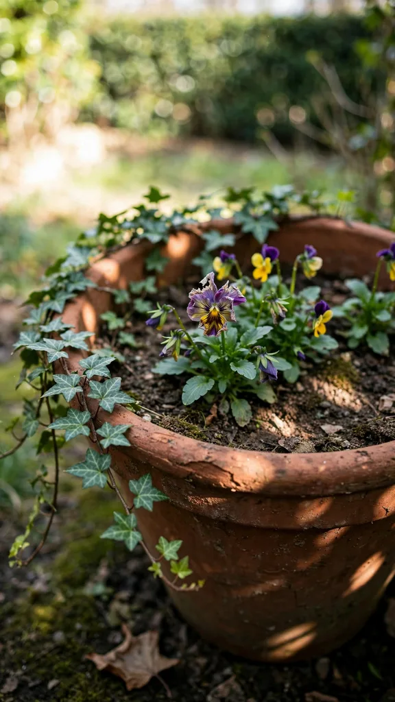 Terracotta pot with ivy and winter pansies