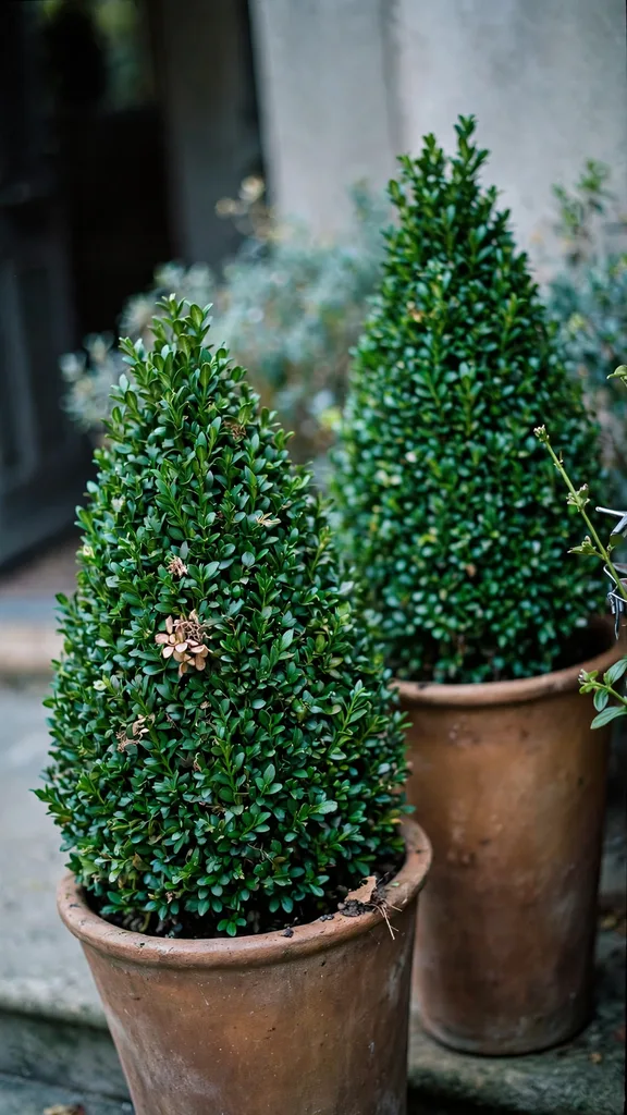 Boxwood cones in tall planters at a door