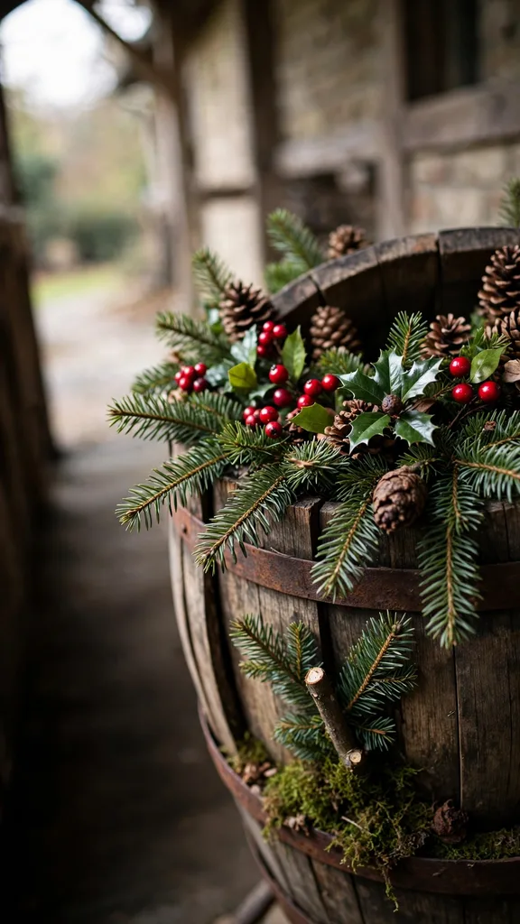 Half barrel dressed with fir boughs and pinecones