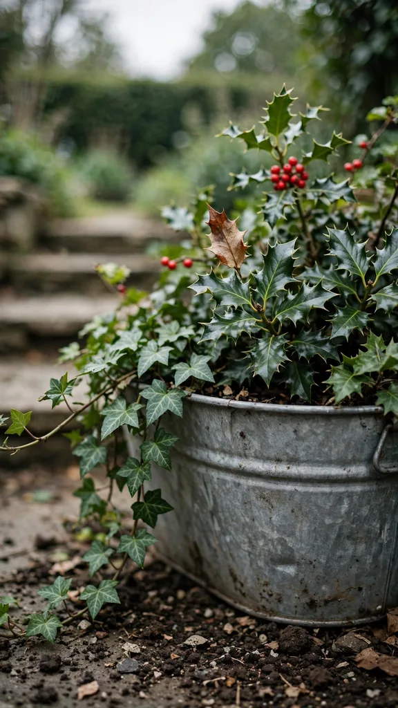 Galvanized tub of holly and ivy by steps