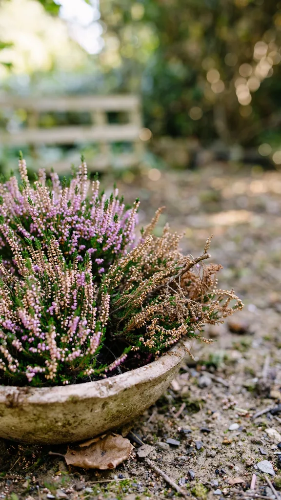 Winter heather trio flowering in a wide bowl