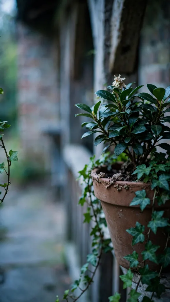 Skimmia and ivy pot in a shade corner