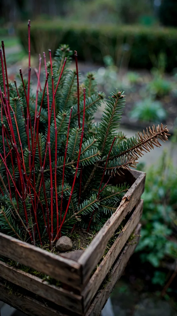 Wooden crate with fir and red twig dogwood