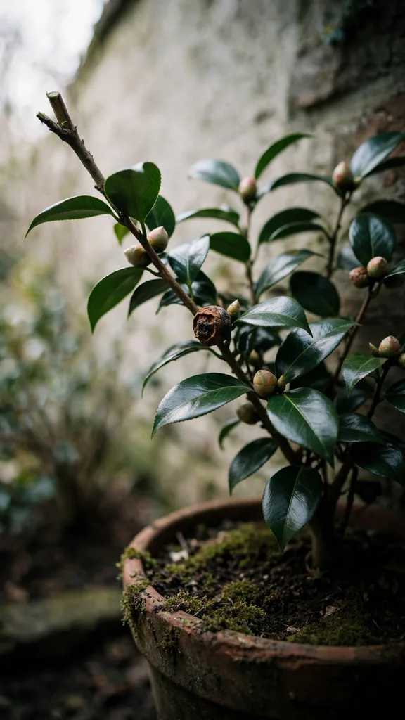 Potted camellia sheltered against a wall