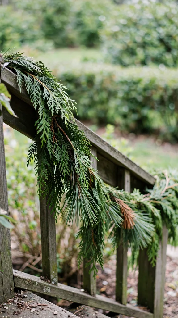 Cedar and pine garland draped along a porch rail