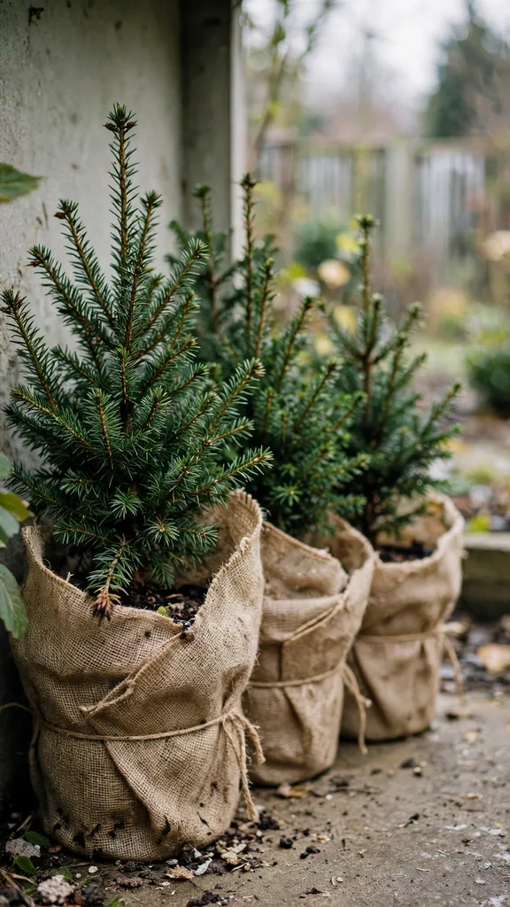 Wrapped potted evergreens grouped at a sheltered wall