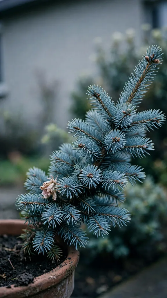 Small blue spruce with silver blue needles