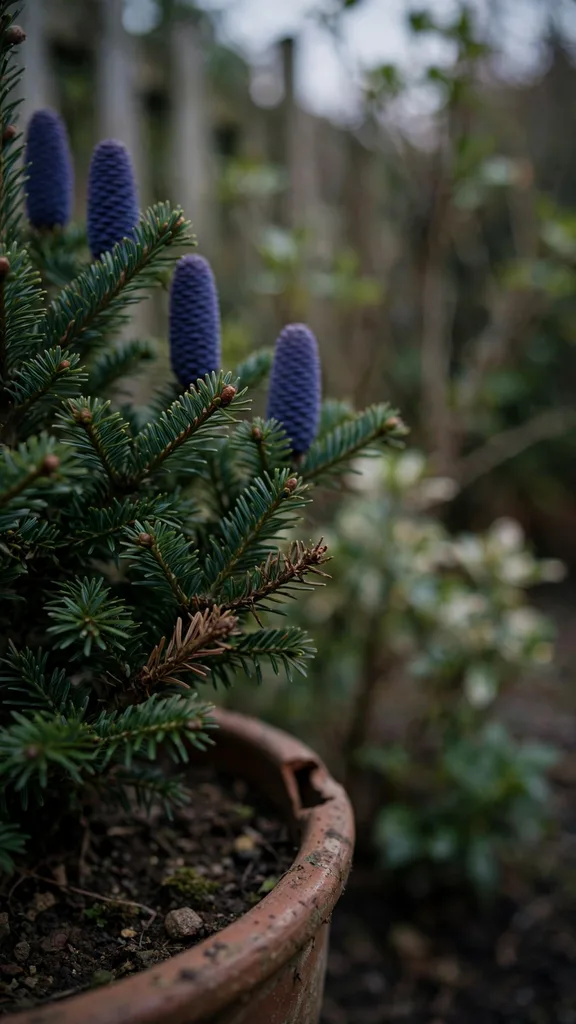Korean fir with upright violet blue cones