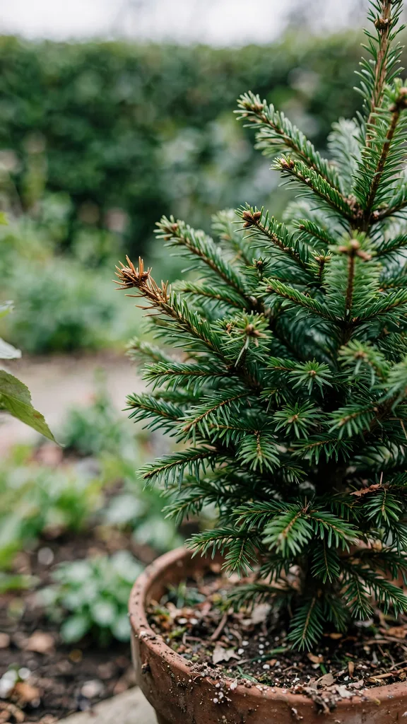 Potted Christmas tree outdoors after the holidays