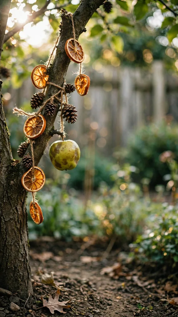 Garden apple tree hung with foraged ornaments
