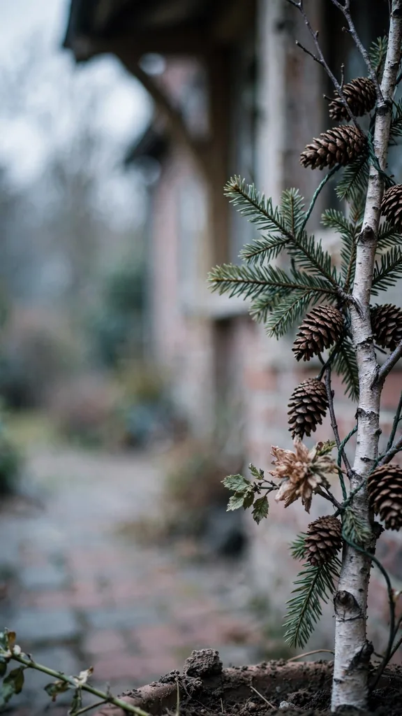 Bare birch dressed with pinecones and fir