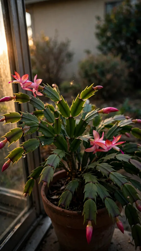 Christmas cactus flowering in a pot by door glass