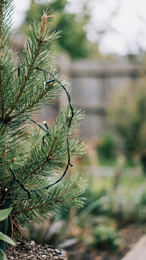 Lights draped loosely over a young pine
