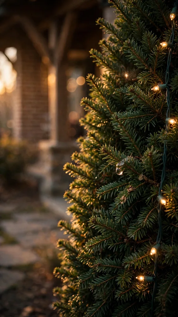 Warm lights strung along a fir hedge