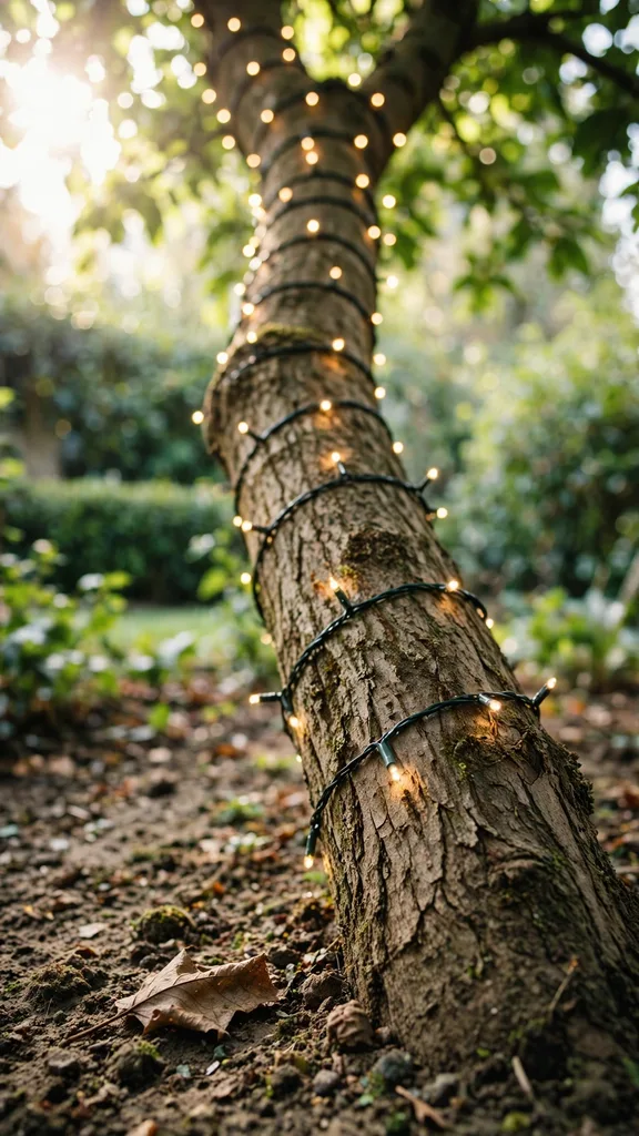 Lights spiralled loosely around a tree trunk