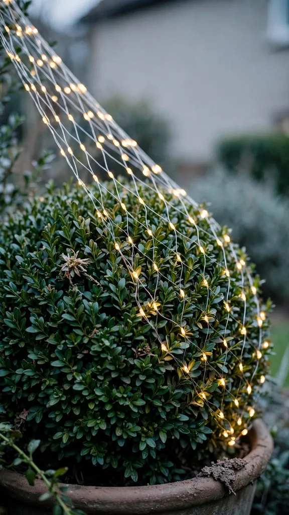 Net lights draped over a boxwood ball