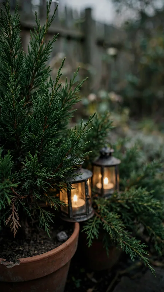 Candle lanterns among potted evergreens